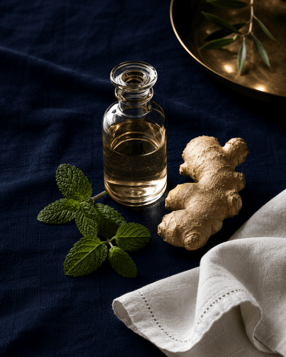 Editorial still life of an unbranded glass apothecary bottle, fresh ginger root, and mint leaves on deep navy linen