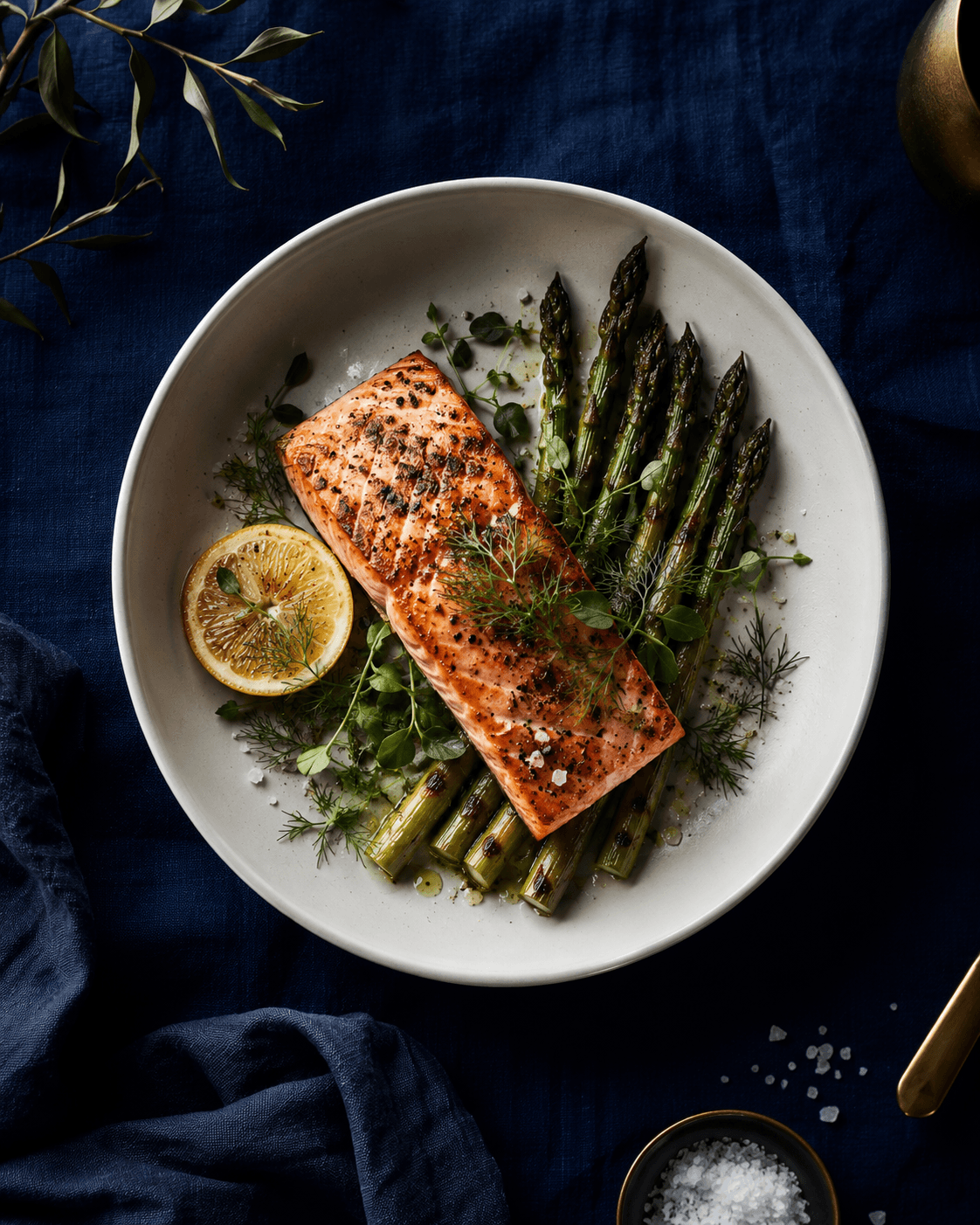 Editorial still life of a grilled salmon bowl with seasonal vegetables on deep navy linen