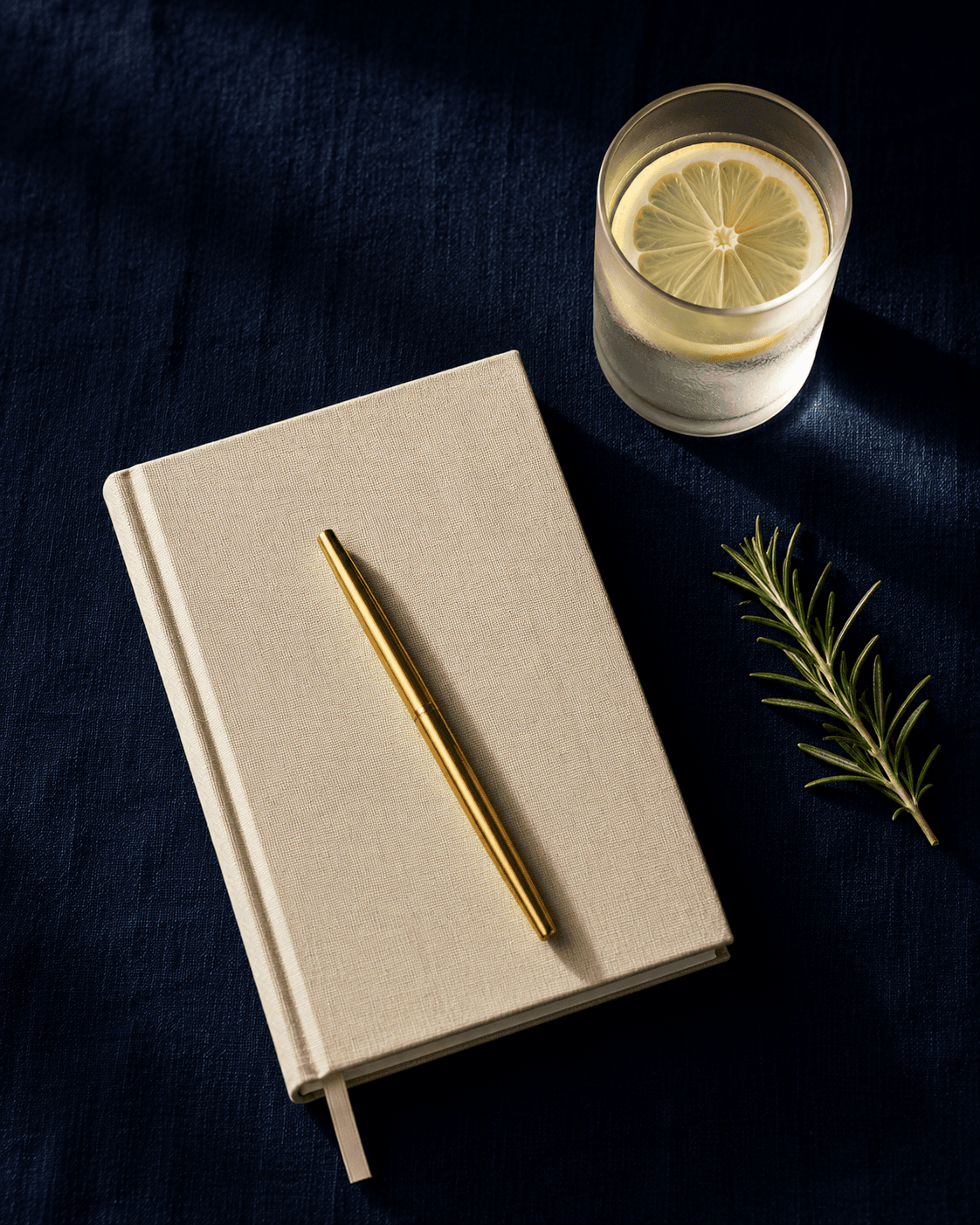 Editorial still life of a cream leather notebook with gold band, silver fountain pen, and olive branch on deep navy linen
